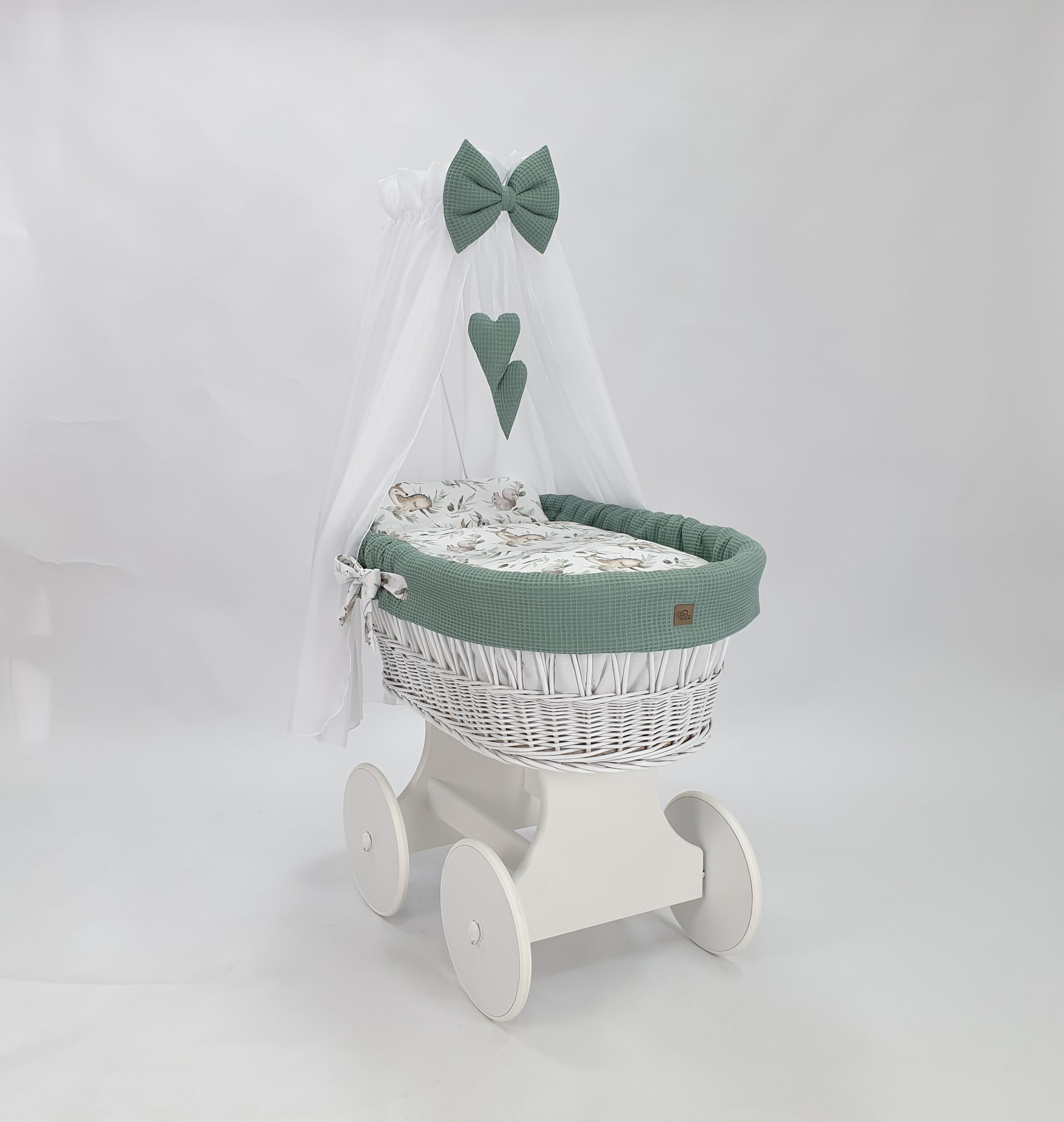 Moisés completo de mimbre con dosel y ropa de cama caqui, blanco tejido waffle serie HBKH-KOLA
