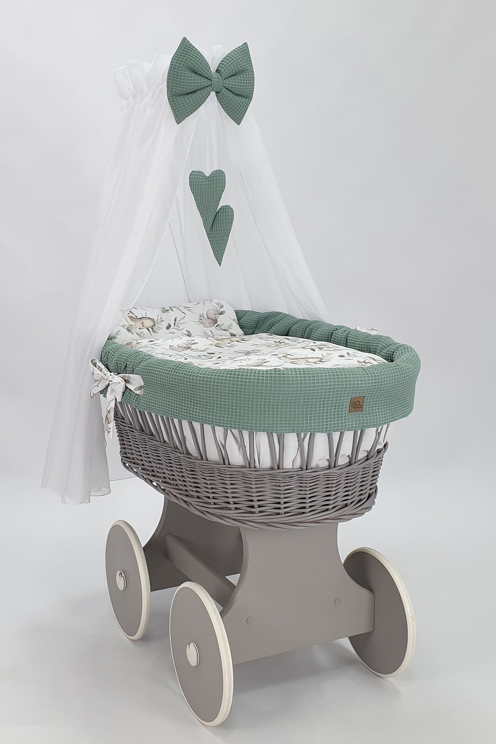 Moisés completo de mimbre con dosel y ropa de cama caqui, blanco, gris tejido waffle serie hgkh-kola
