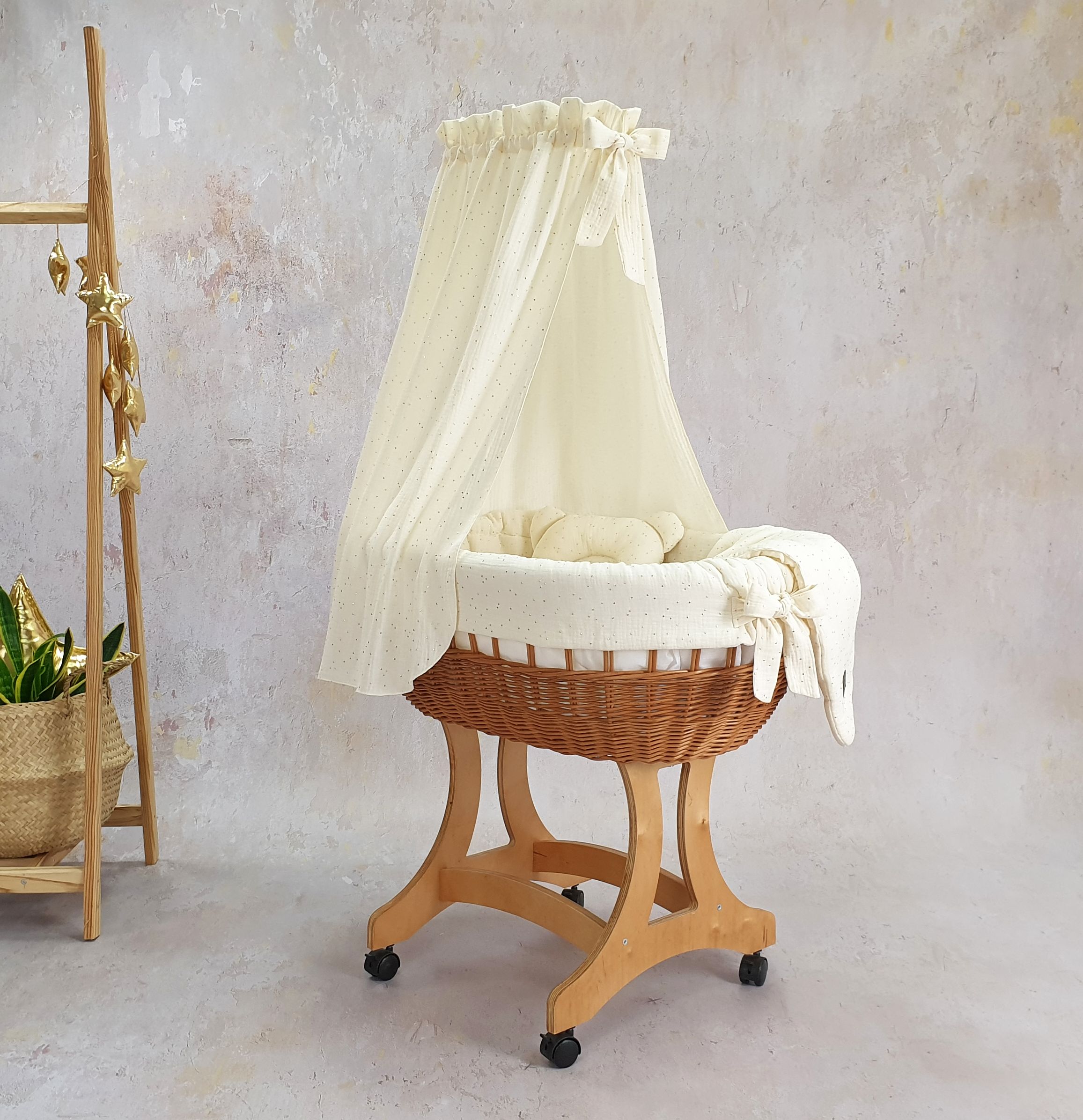 Moisés completo de mimbre con dosel y ropa de cama natural, crema muselina y algodón - foto 2