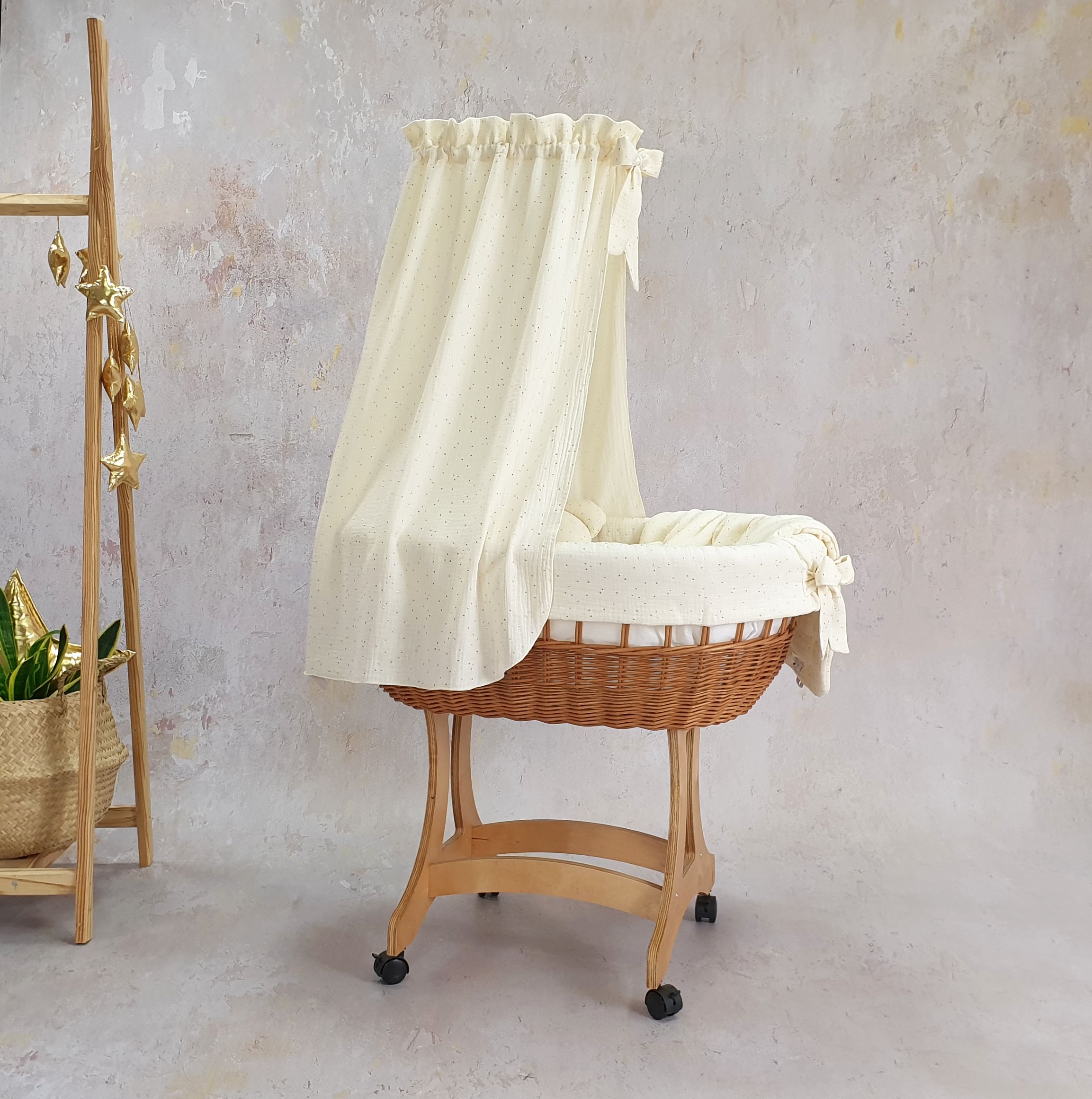Moisés completo de mimbre con dosel y ropa de cama natural, crema muselina y algodón - foto 4