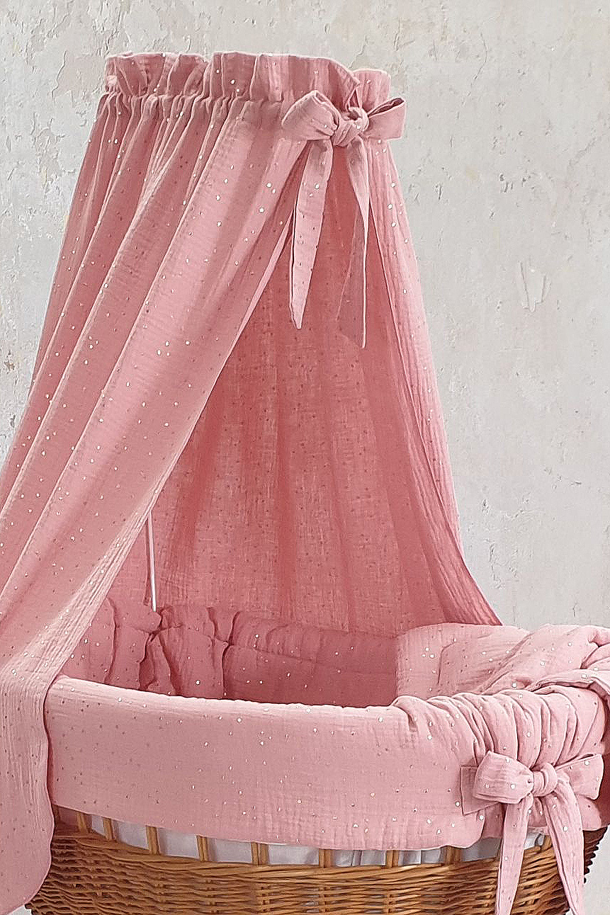 Moisés completo de mimbre con dosel y ropa de cama rosa empolvado, natural muselina y algodón serie to5025 - foto 3
