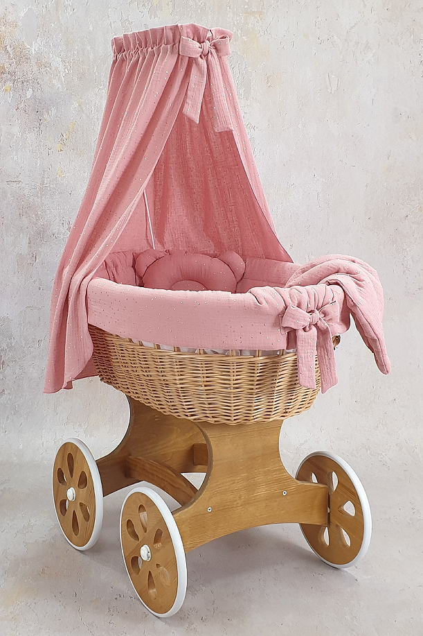Moisés completo de mimbre con dosel y ropa de cama rosa empolvado, blanco, natural muselina y algodón serie TO505