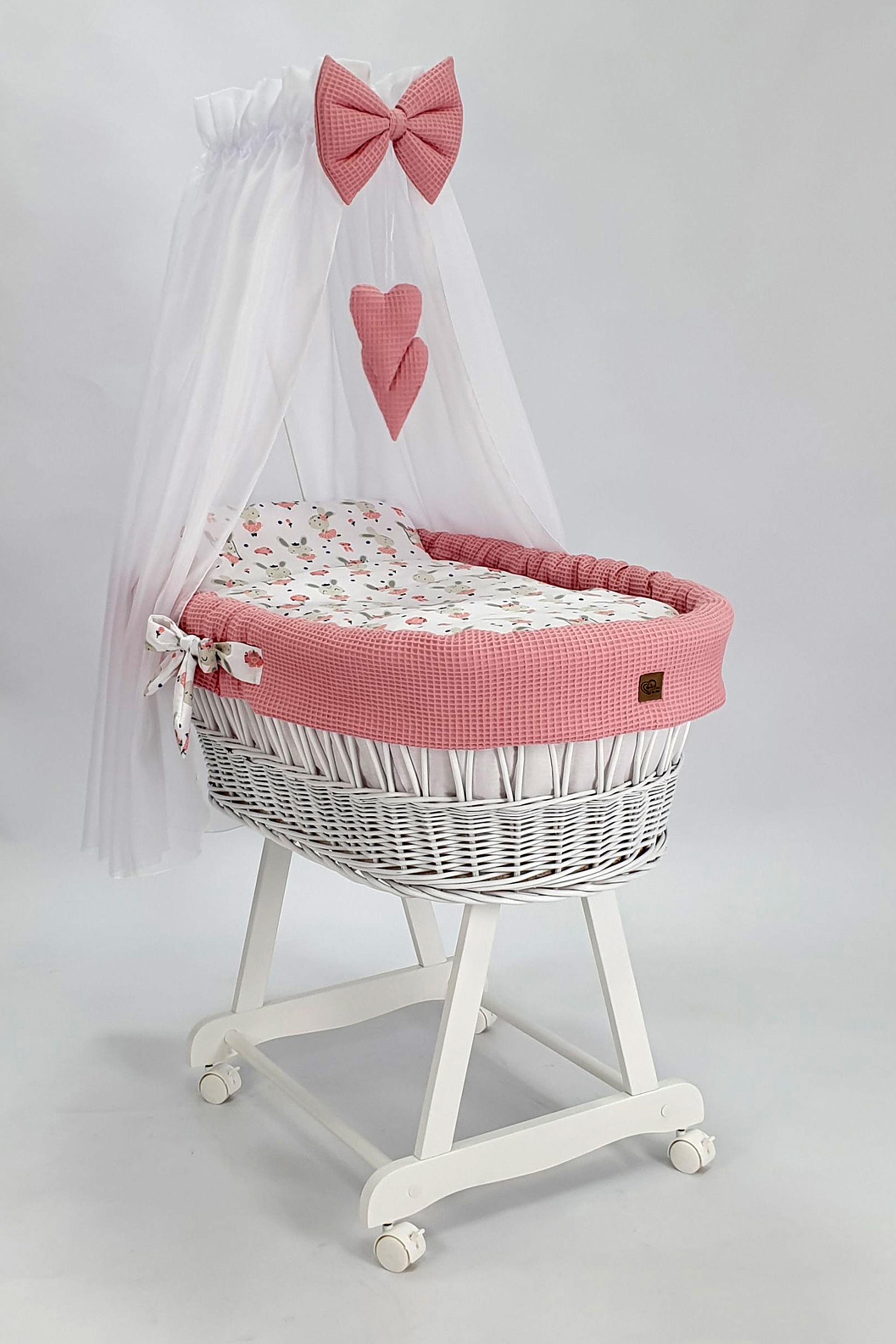 Moisés completo de mimbre con dosel y ropa de cama rosa empolvado, blanco tejido waffle
