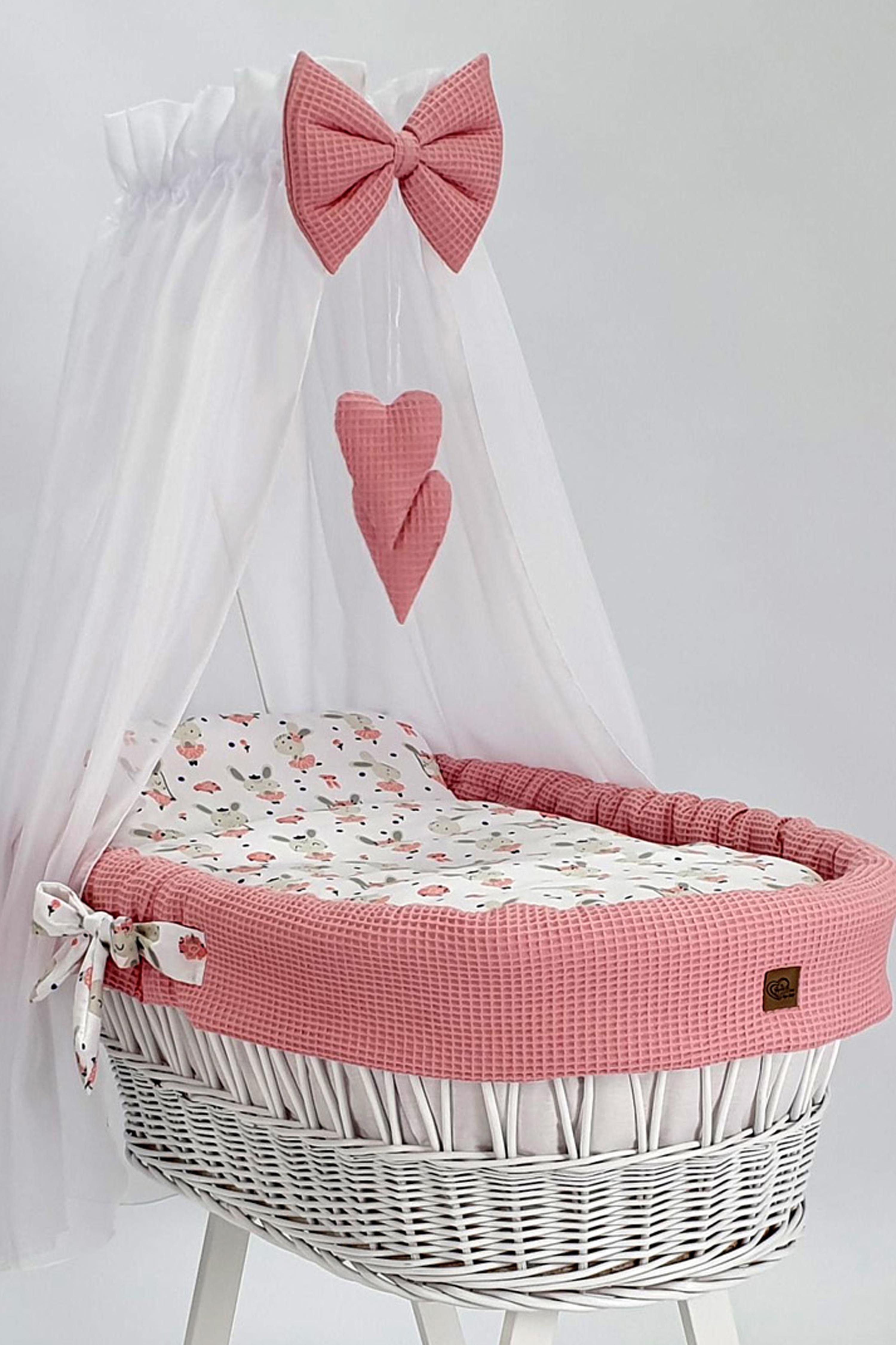 Moisés completo de mimbre con dosel y ropa de cama rosa empolvado, blanco tejido waffle - foto 3