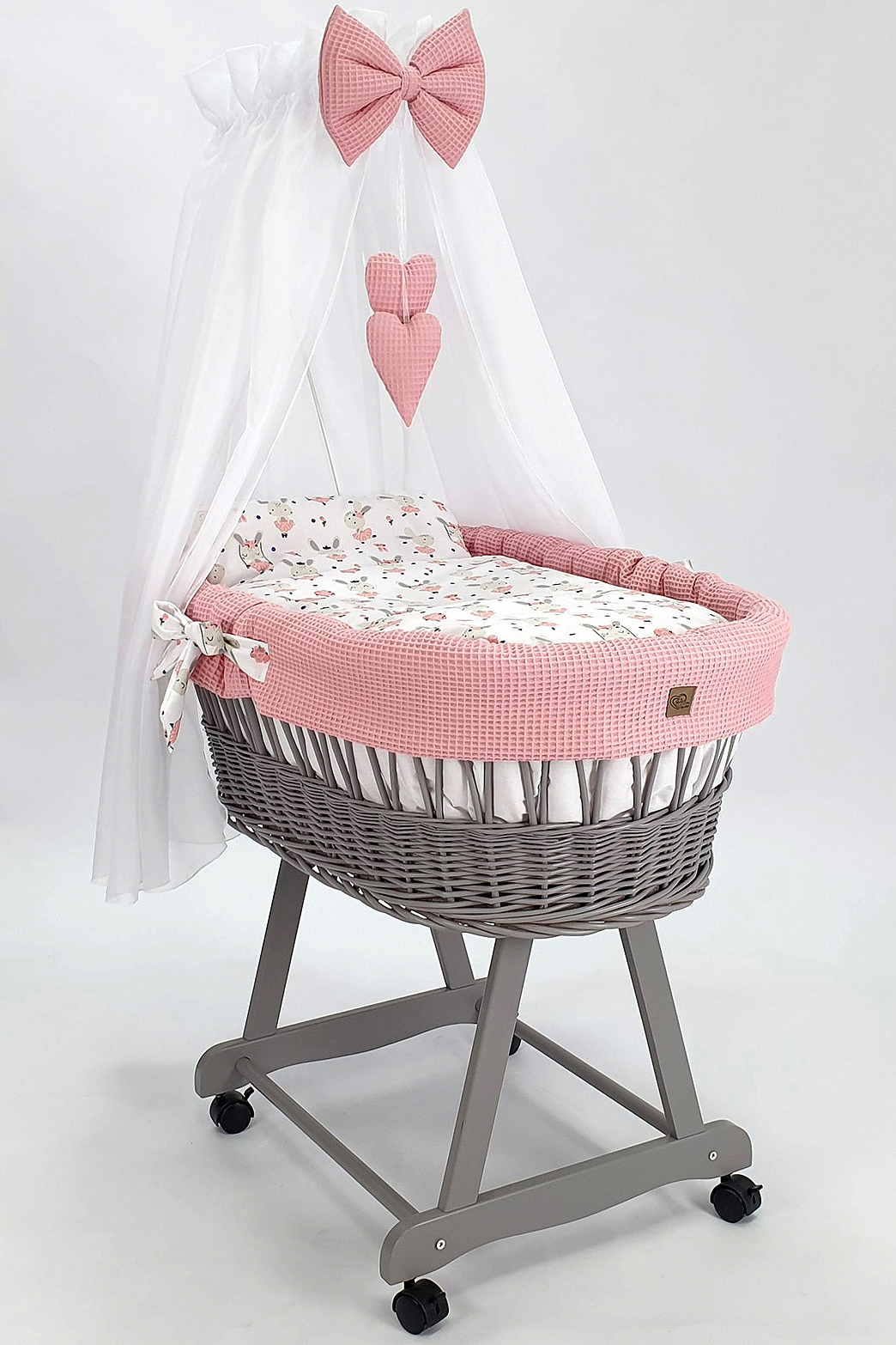 Moisés completo de mimbre con dosel y ropa de cama rosa empolvado, natural tejido waffle serie HGPR-MOS