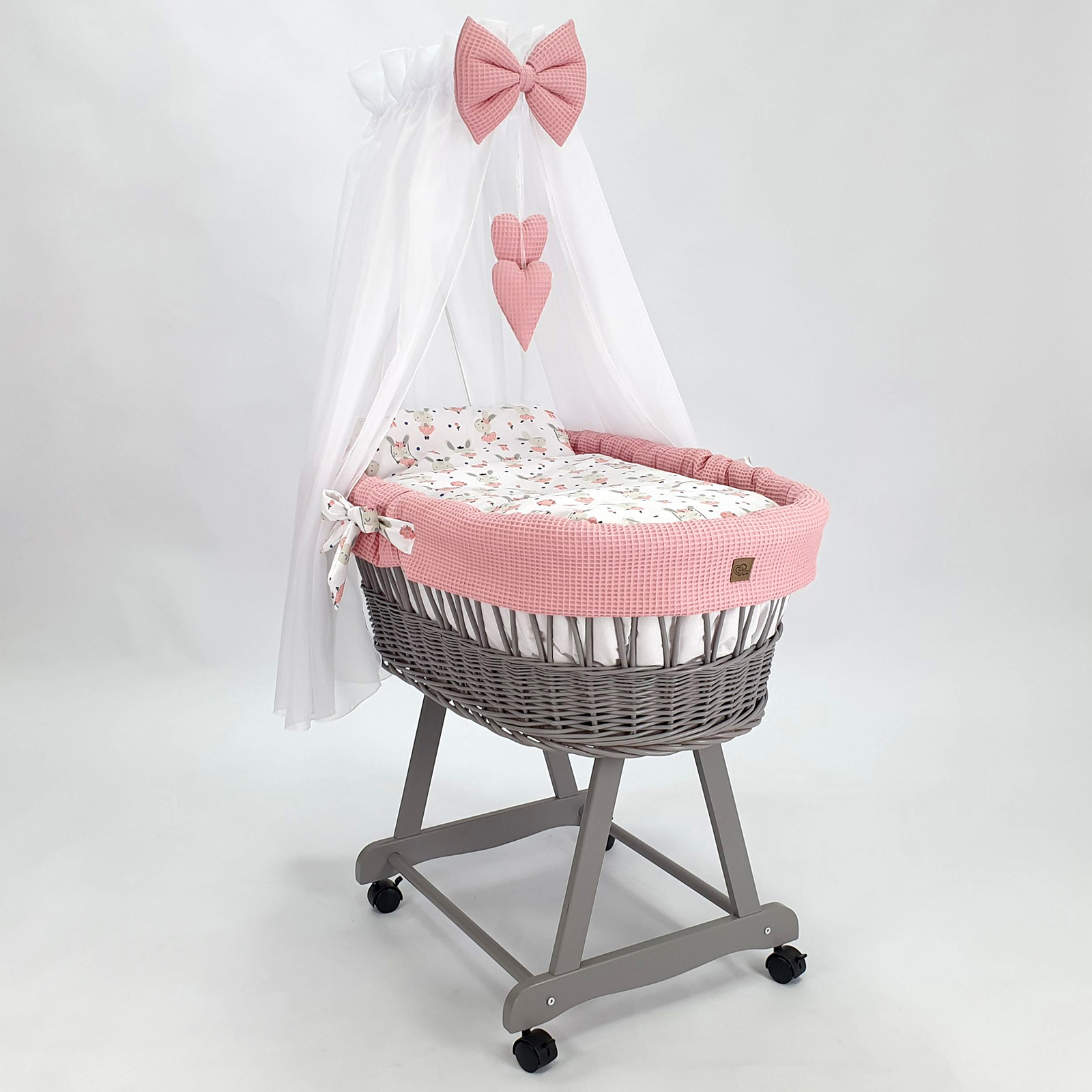 Moisés completo de mimbre con dosel y ropa de cama rosa empolvado, natural tejido waffle serie HGPR-MOS - foto 2