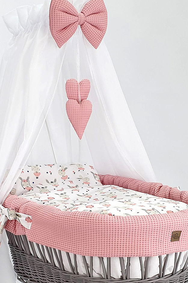 Moisés completo de mimbre con dosel y ropa de cama rosa empolvado, natural tejido waffle serie HGPR-MOS - foto 3