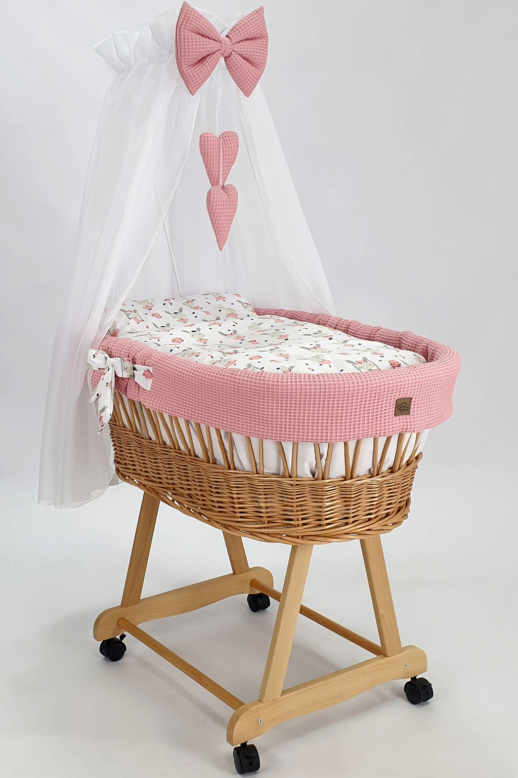 Moisés completo de mimbre con dosel y ropa de cama rosa empolvado, natural tejido waffle serie HNPR-MOS