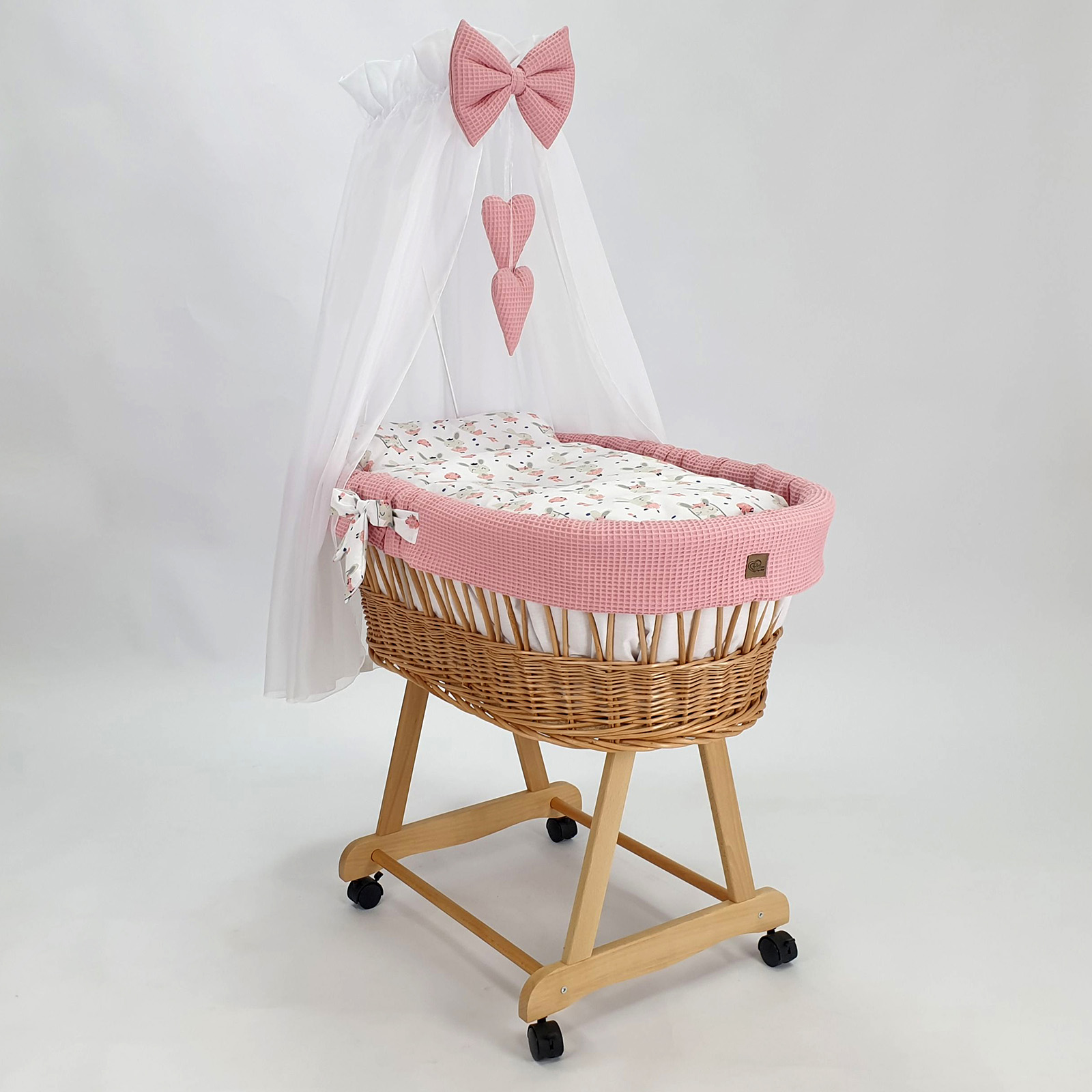 Moisés completo de mimbre con dosel y ropa de cama rosa empolvado, natural tejido waffle serie HNPR-MOS - foto 2