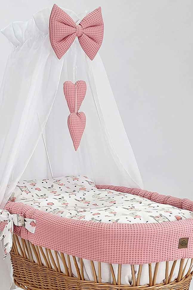 Moisés completo de mimbre con dosel y ropa de cama rosa empolvado, natural tejido waffle serie HNPR-MOS - foto 3