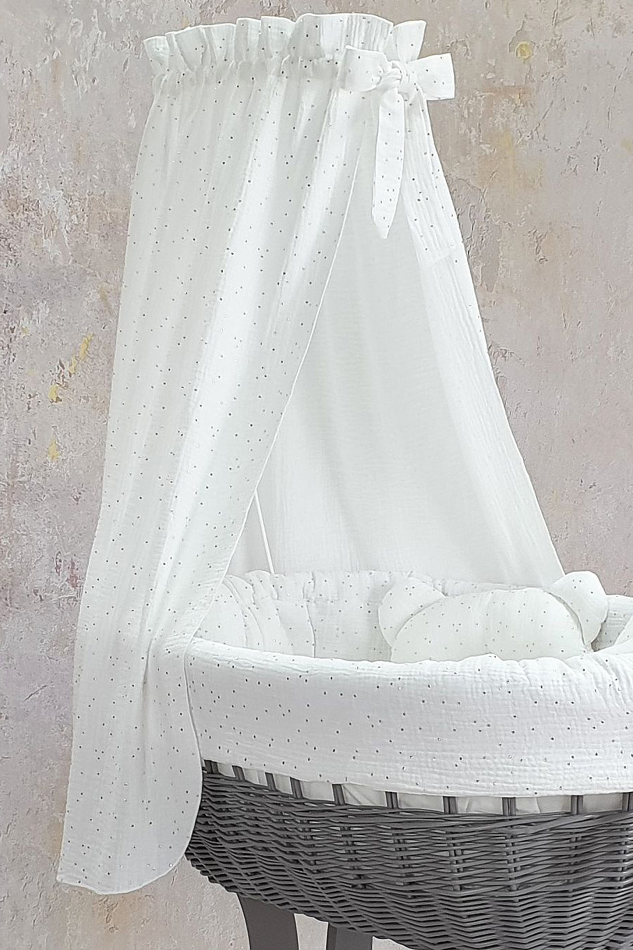 Moisés completo de mimbre con dosel y ropa de cama blanco, gris muselina y algodón serie to5018 - foto 4
