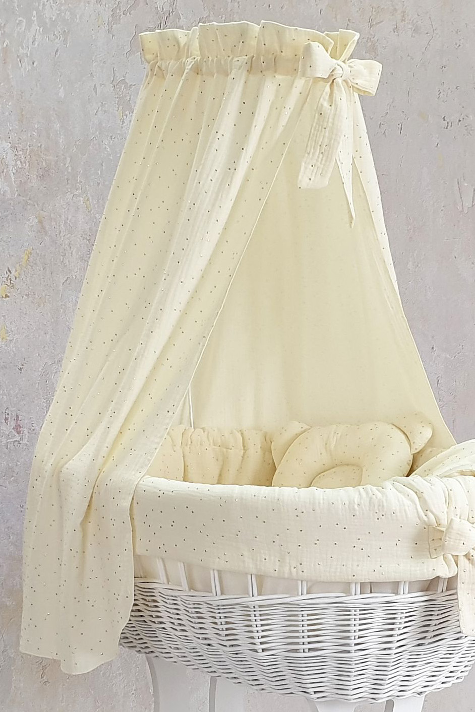 Moisés completo de mimbre con dosel y ropa de cama blanco, crudo, crema muselina y algodón serie to5020 - foto 4