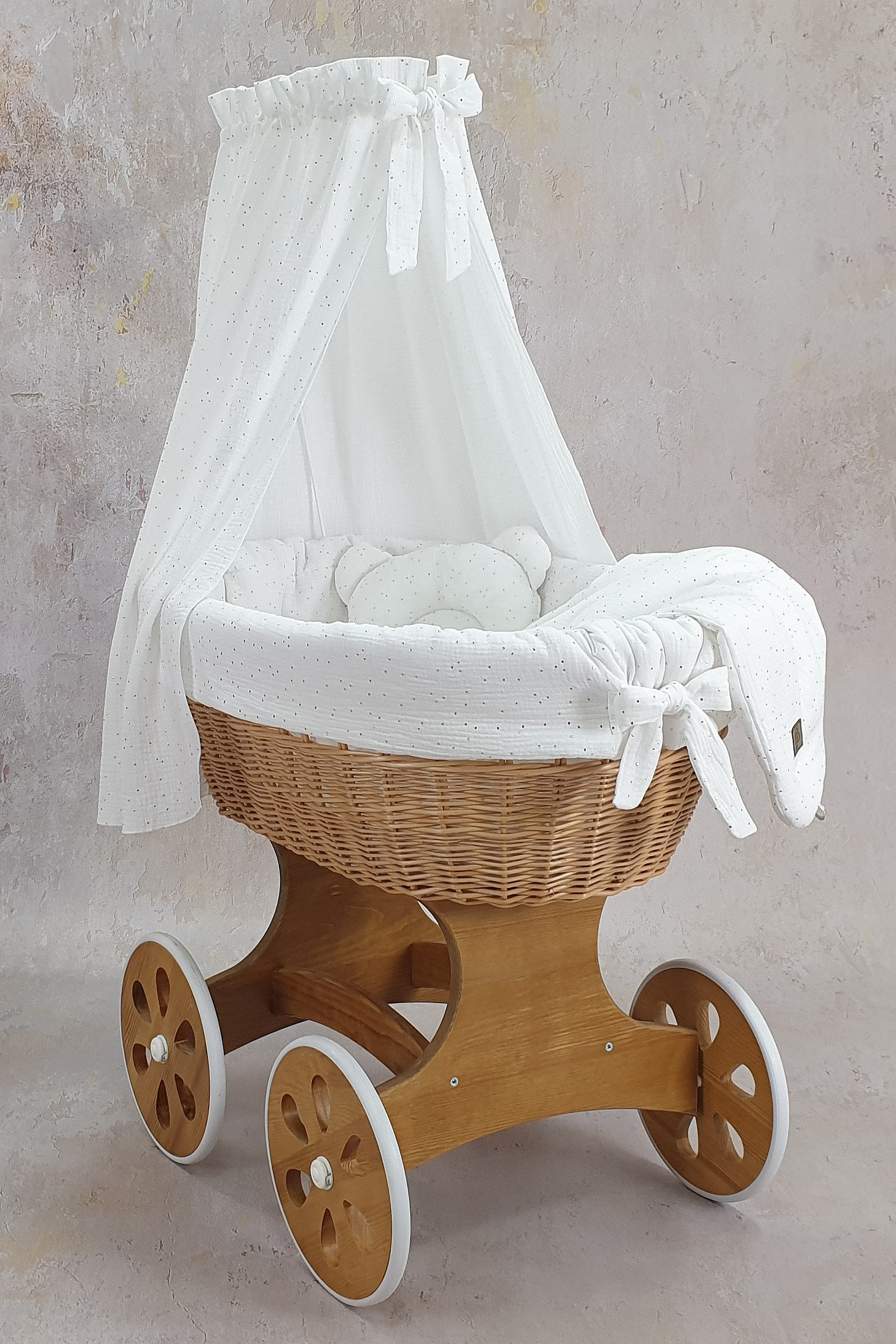 Moisés completo de mimbre con dosel y ropa de cama blanco, natural muselina y algodón serie TO507