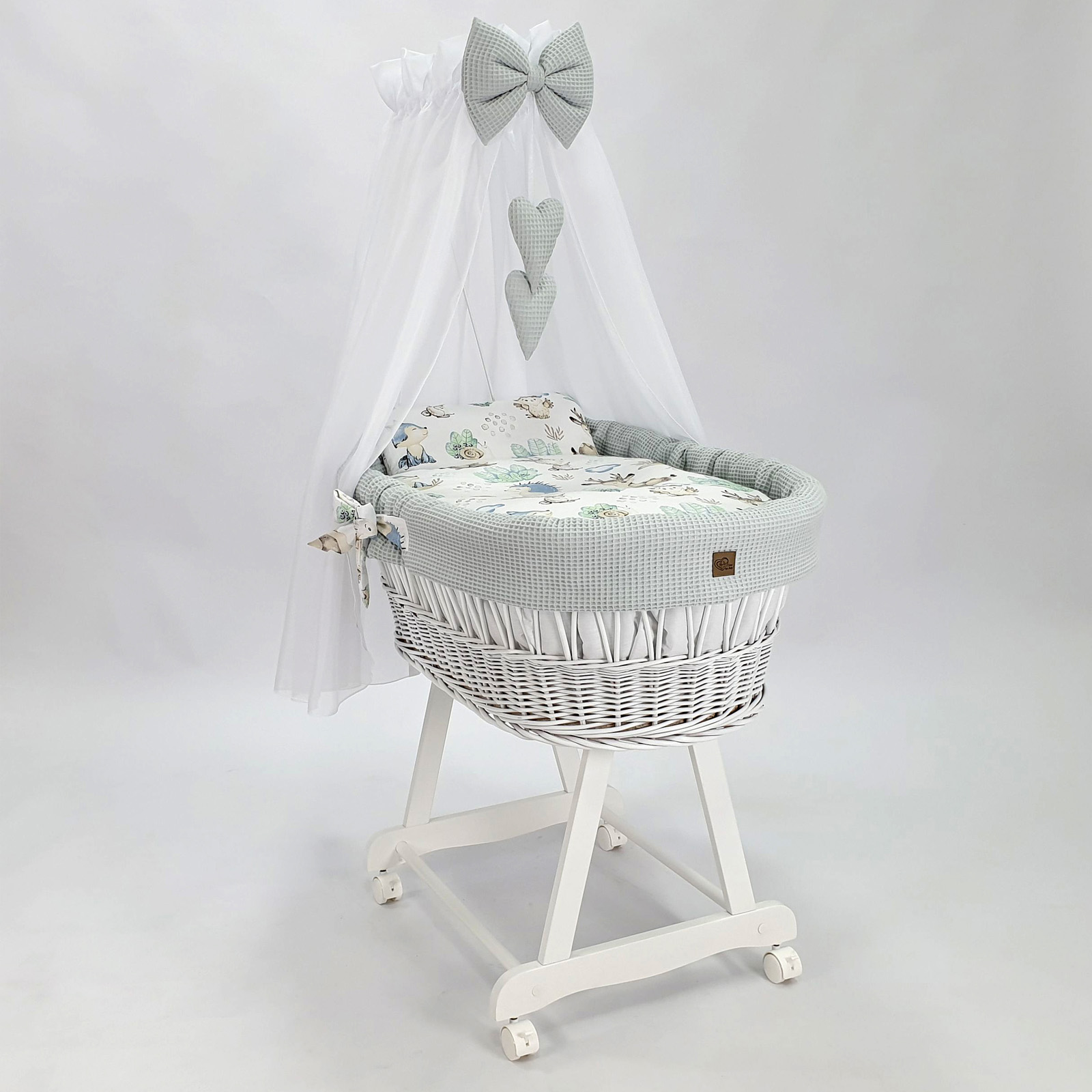 Moisés completo de mimbre con dosel y ropa de cama blanco, gris tejido waffle