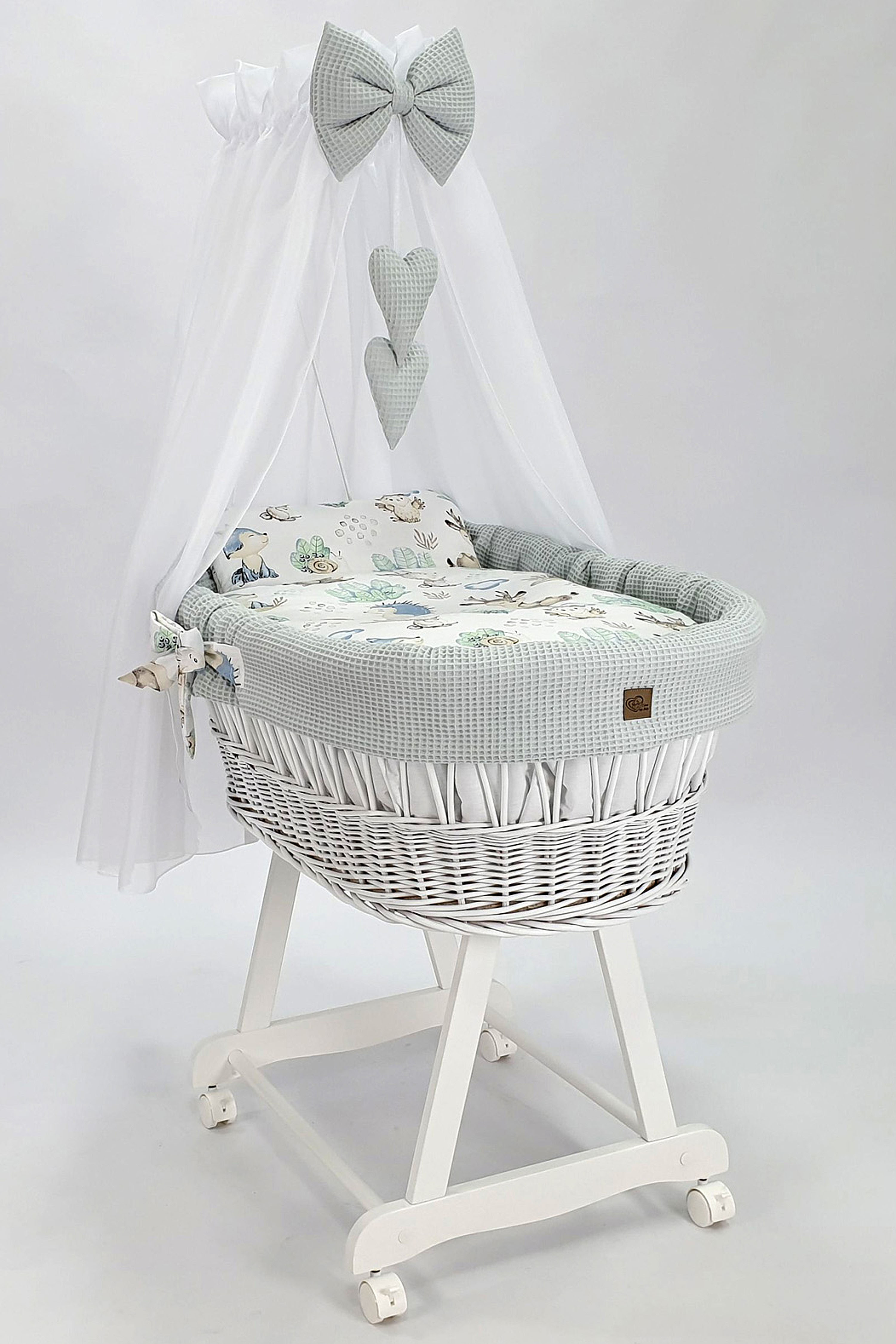 Moisés completo de mimbre con dosel y ropa de cama blanco, gris tejido waffle - foto 2
