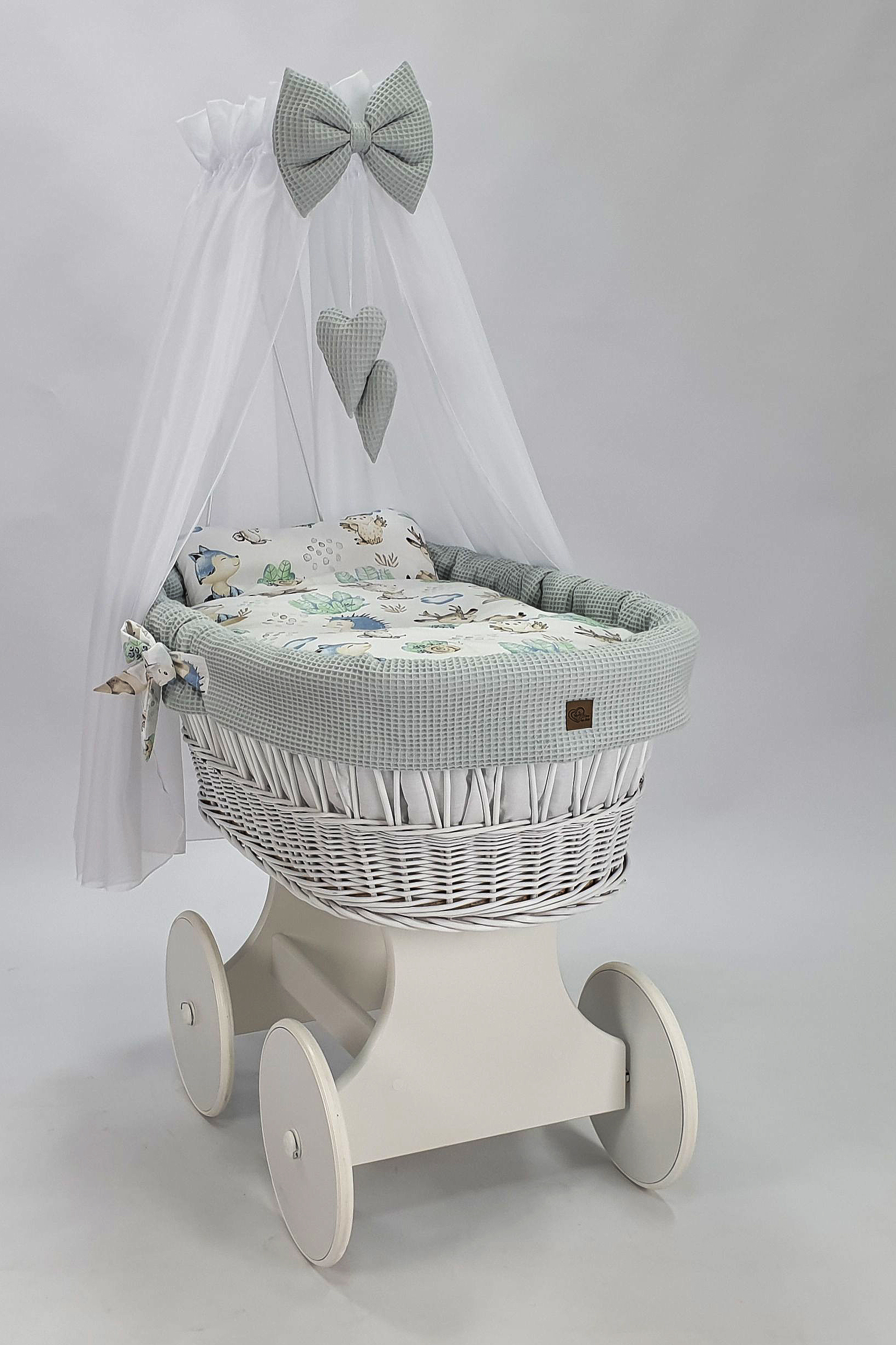 Moisés completo de mimbre con dosel y ropa de cama blanco, gris tejido waffle serie HBGR-KOLA