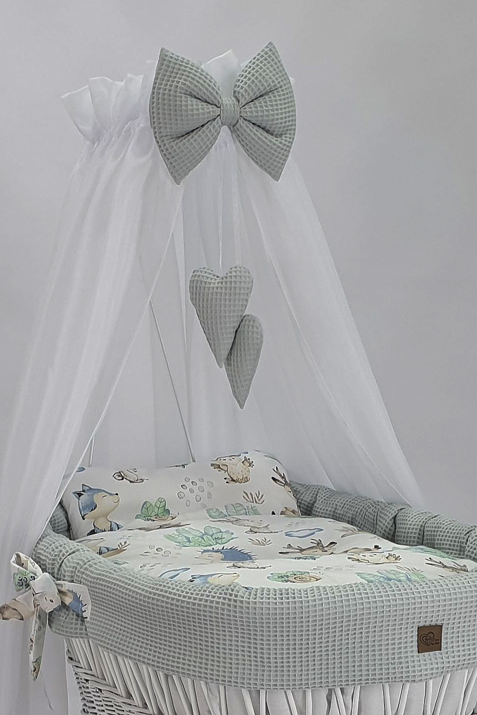 Moisés completo de mimbre con dosel y ropa de cama blanco, gris tejido waffle serie HBGR-KOLA - foto 3