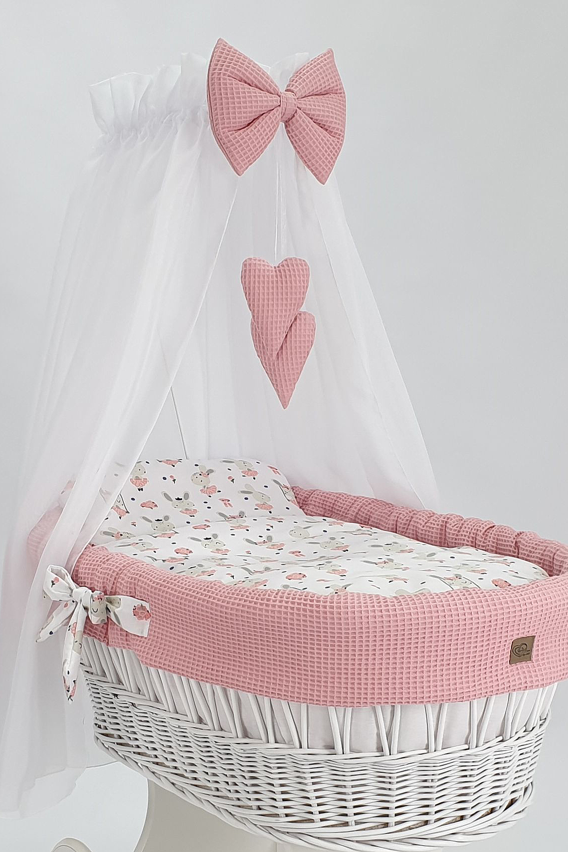 Moisés completo de mimbre con dosel y ropa de cama blanco tejido waffle serie HBPR-KOLA