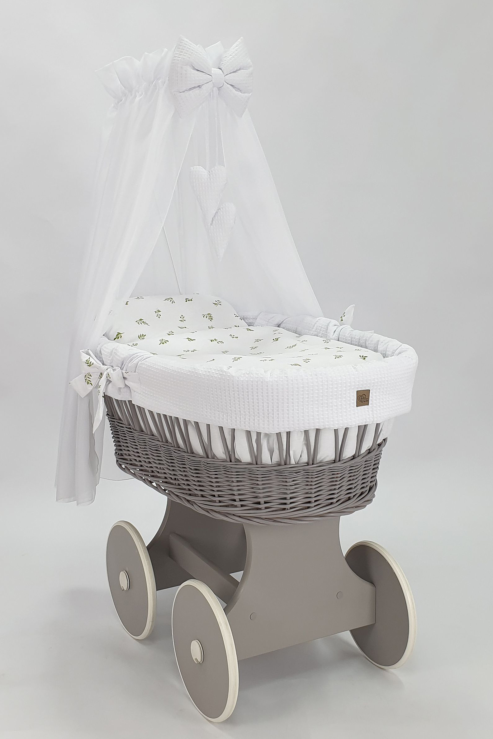 Moisés completo de mimbre con dosel y ropa de cama blanco, gris tejido waffle serie HGBI-KOLA