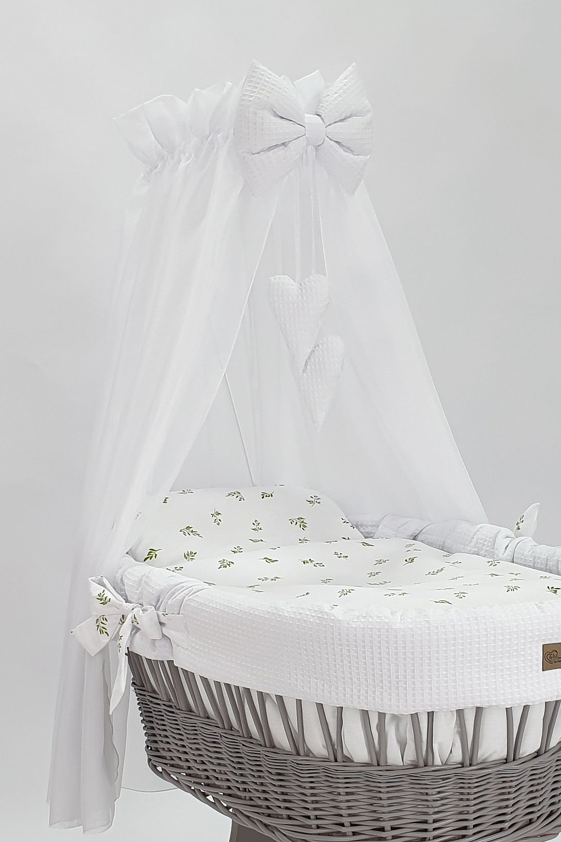 Moisés completo de mimbre con dosel y ropa de cama blanco, gris tejido waffle serie HGBI-KOLA - foto 3