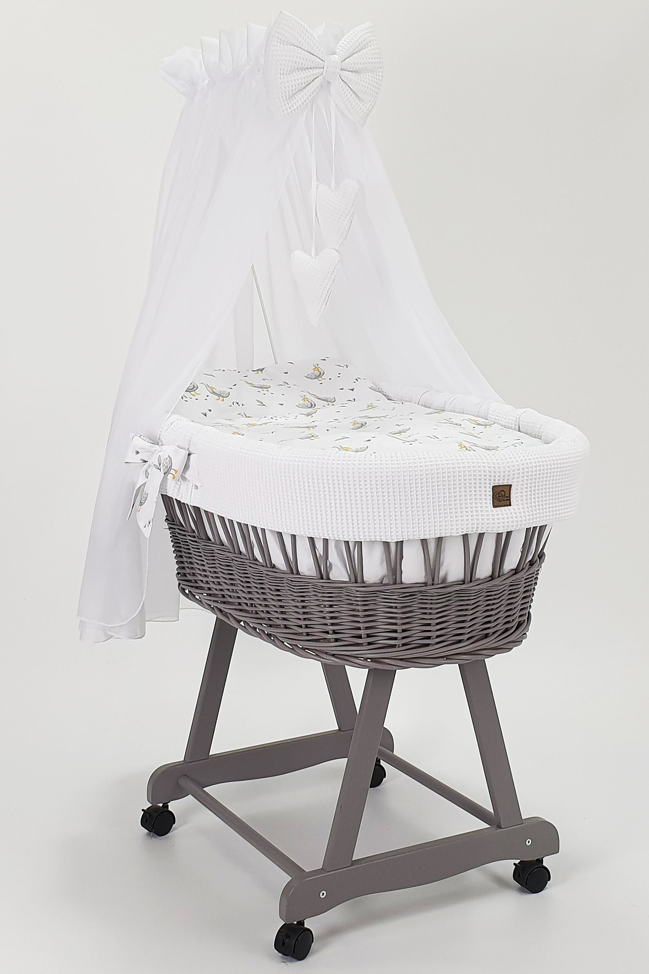 Moisés completo de mimbre con dosel y ropa de cama blanco, gris tejido waffle serie HGBI-MOS-G