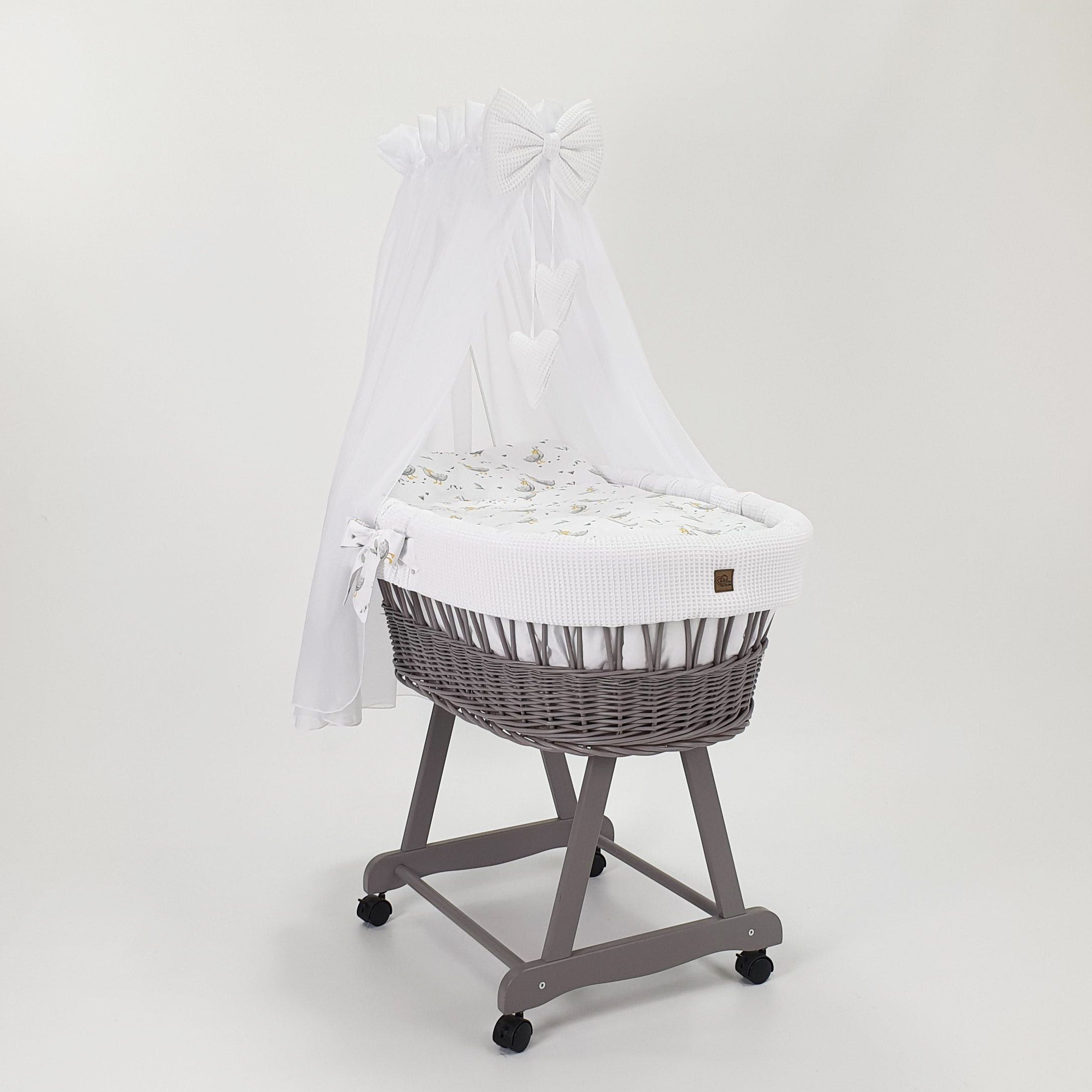 Moisés completo de mimbre con dosel y ropa de cama blanco, gris tejido waffle serie HGBI-MOS-G - foto 2