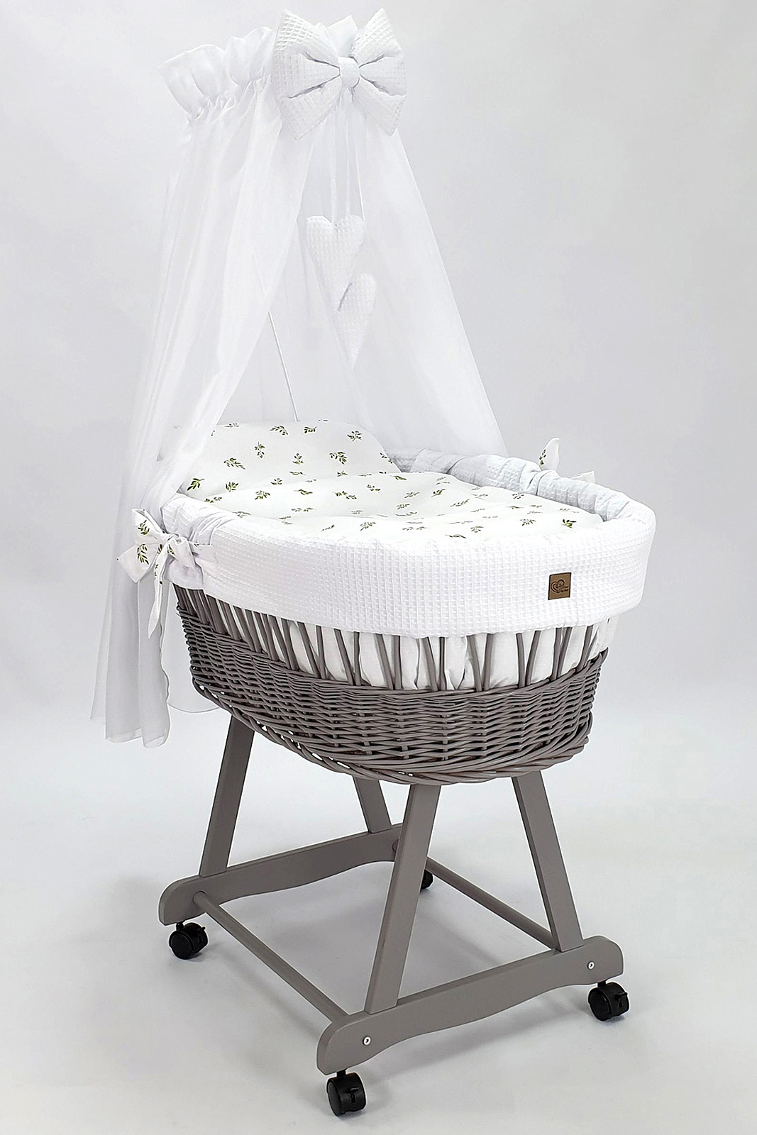 Moisés completo de mimbre con dosel y ropa de cama blanco, gris tejido waffle serie HGBI-MOS