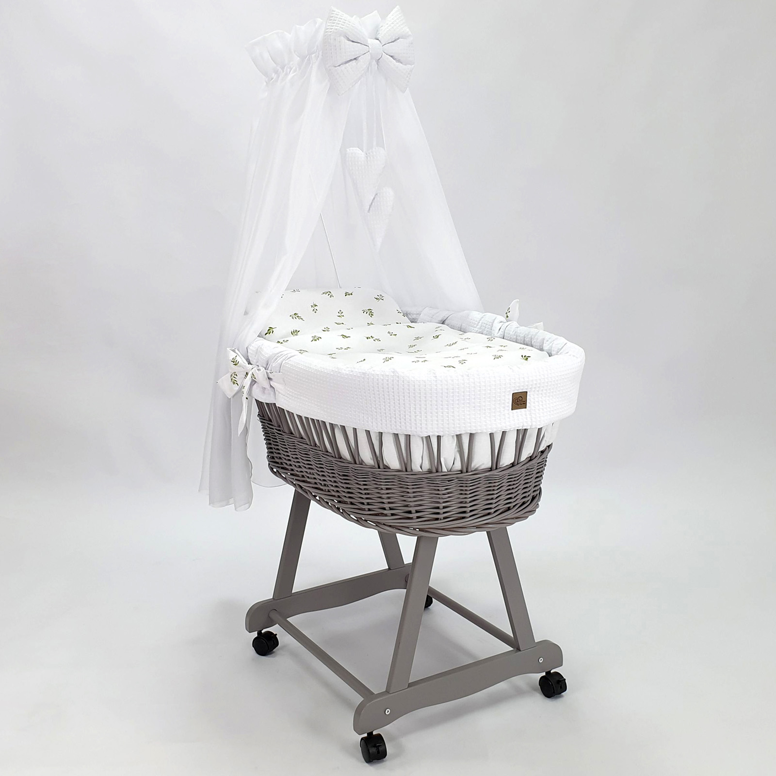 Moisés completo de mimbre con dosel y ropa de cama blanco, gris tejido waffle serie HGBI-MOS - foto 2