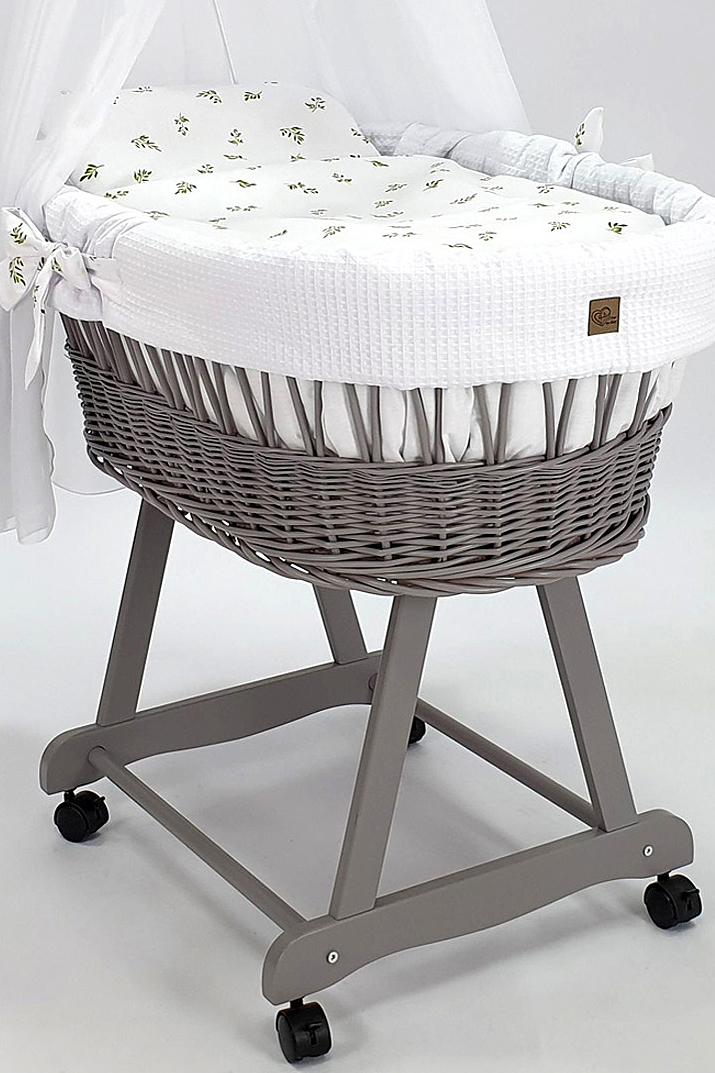 Moisés completo de mimbre con dosel y ropa de cama blanco, gris tejido waffle serie HGBI-MOS - foto 4