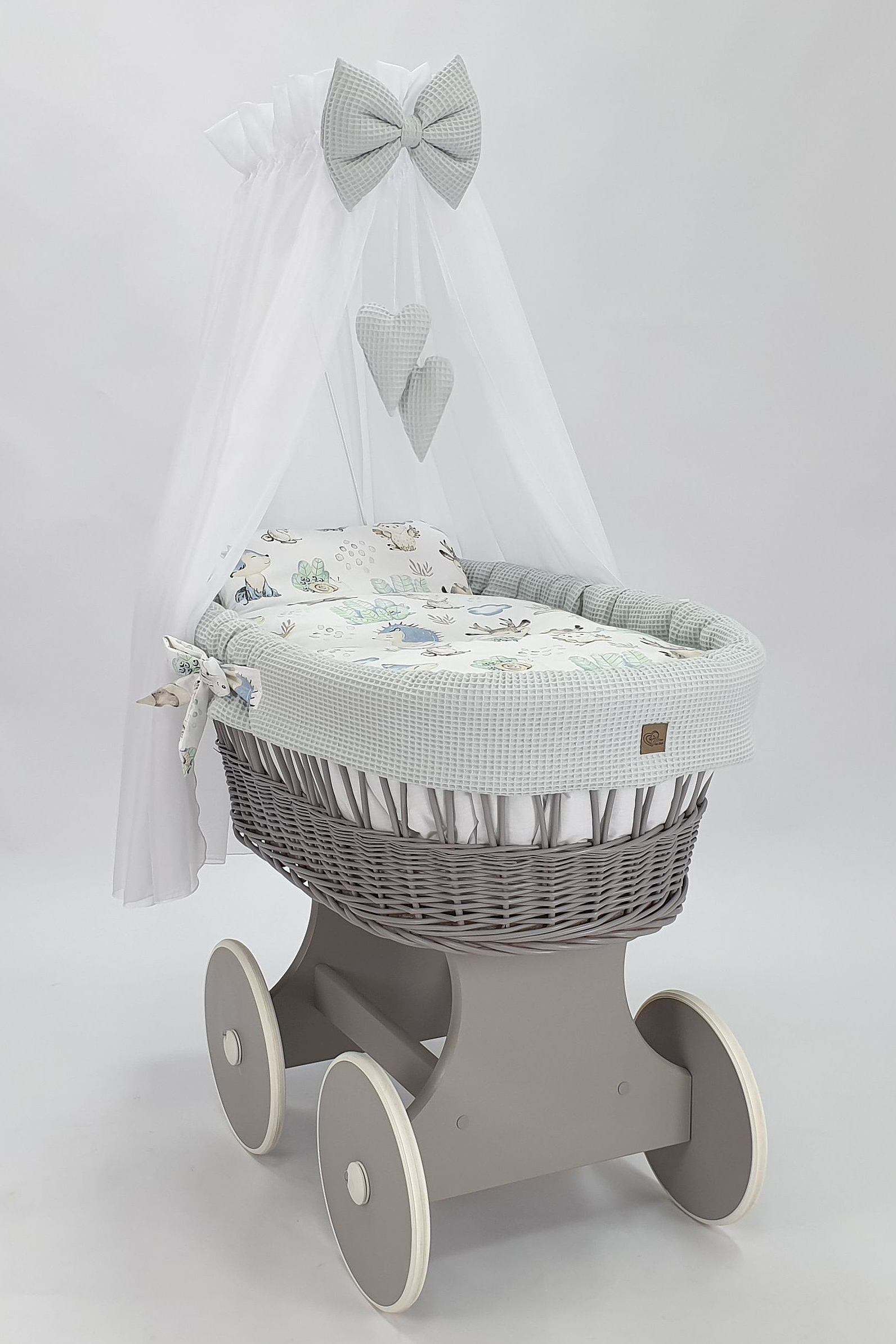 Moisés completo de mimbre con dosel y ropa de cama blanco, gris tejido waffle serie HGGR-KOLA