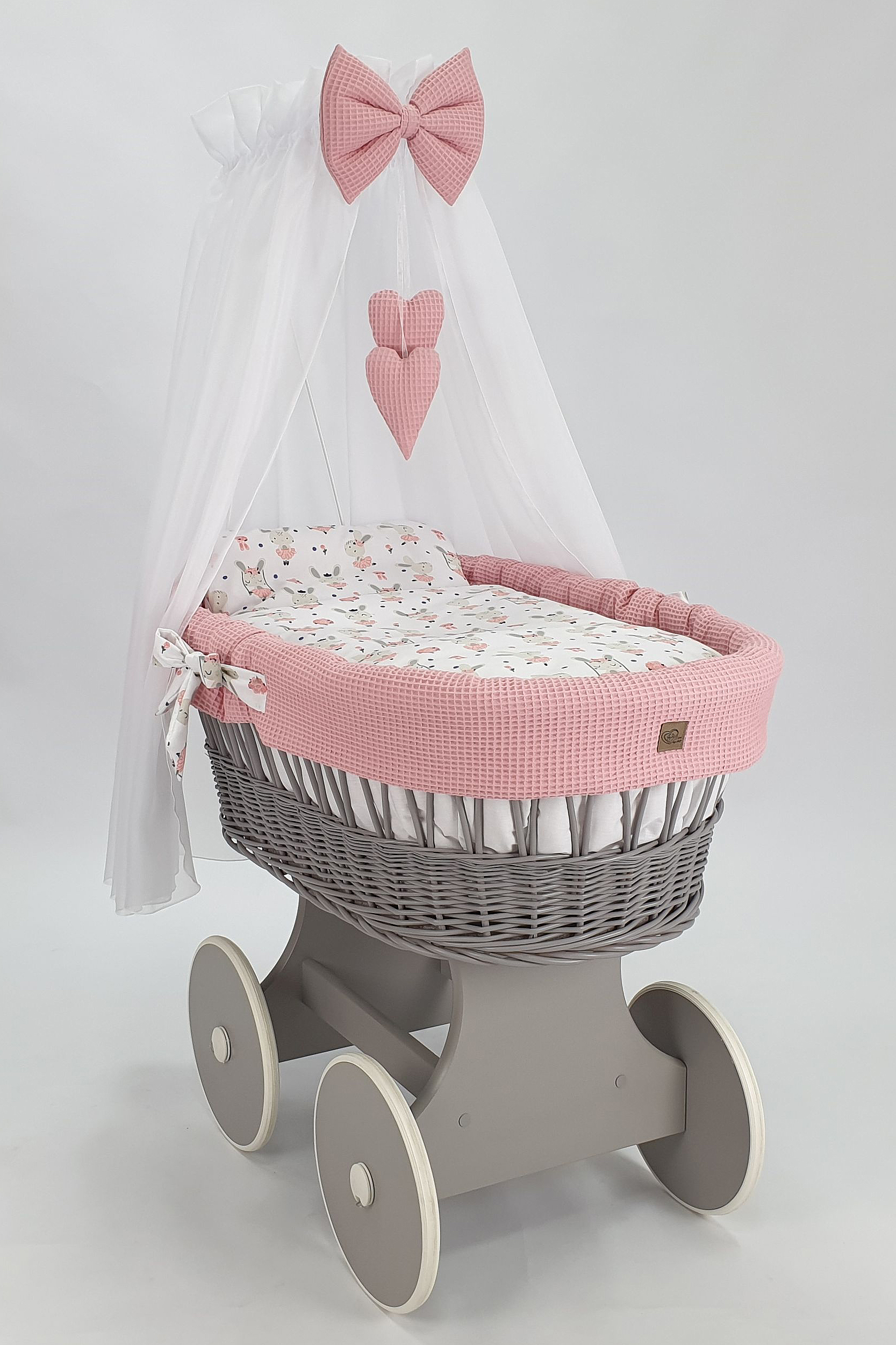 Moisés completo de mimbre con dosel y ropa de cama blanco, gris tejido waffle serie HGPR-KOLA