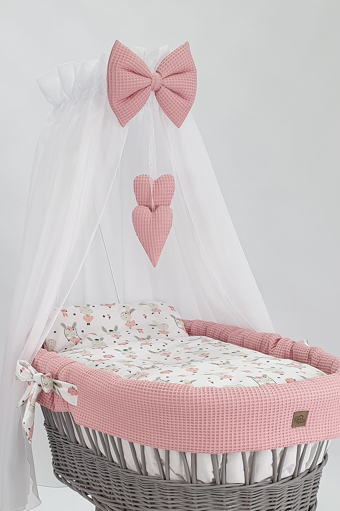 Moisés completo de mimbre con dosel y ropa de cama blanco, gris tejido waffle serie HGPR-KOLA - foto 3