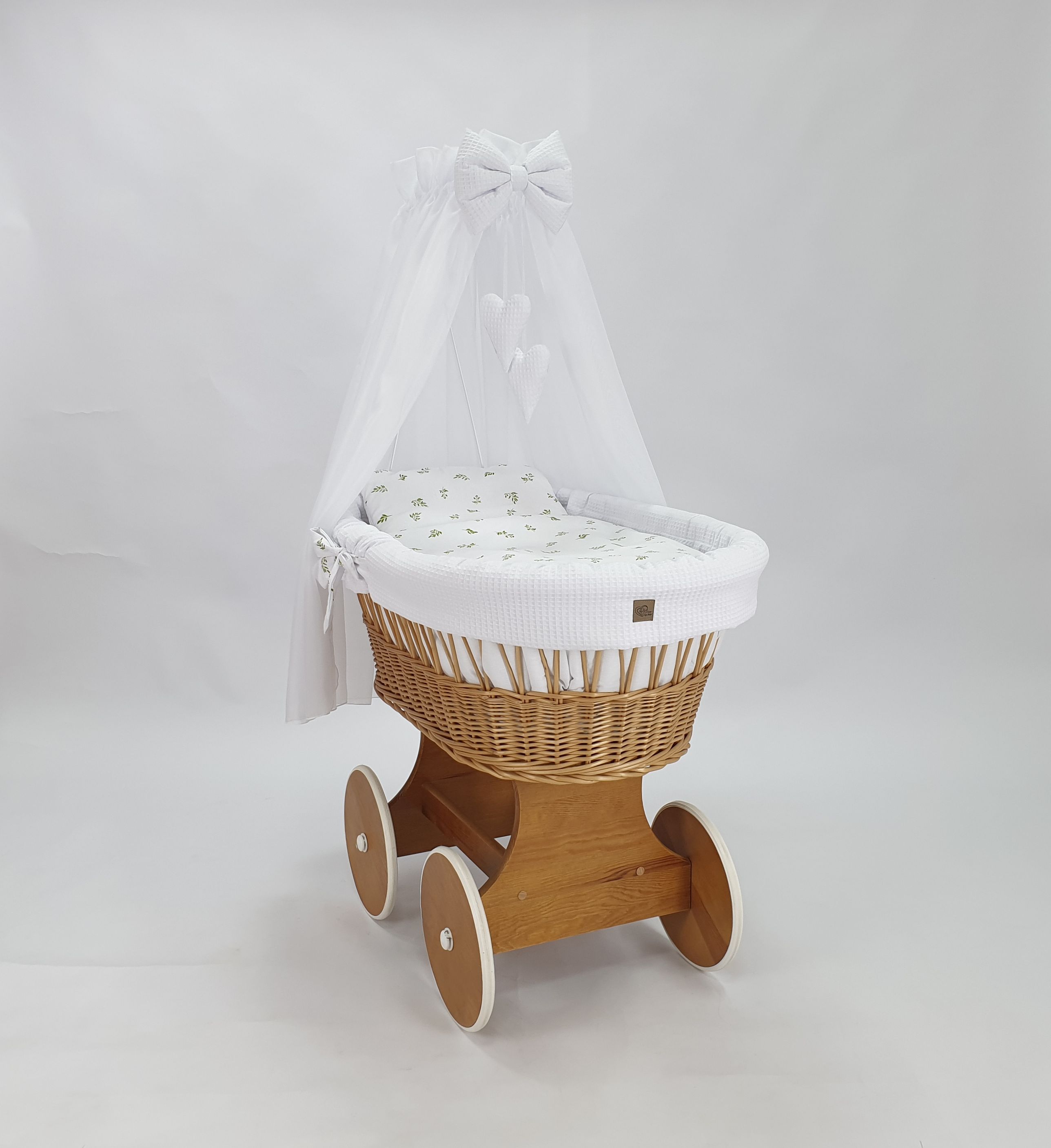 Moisés completo de mimbre con dosel y ropa de cama blanco, natural tejido waffle serie HNBI-KOLA