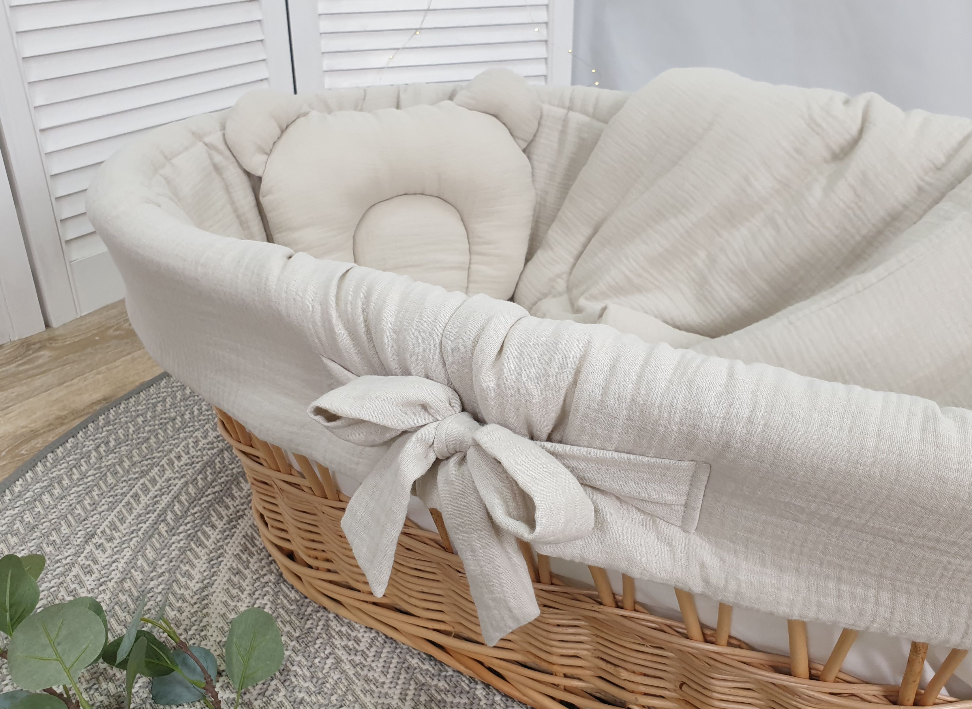 Moisés completo de mimbre sin dosel con ropa de cama beige, blanco, natural muselina y algodón serie BBE-MUS - foto 4