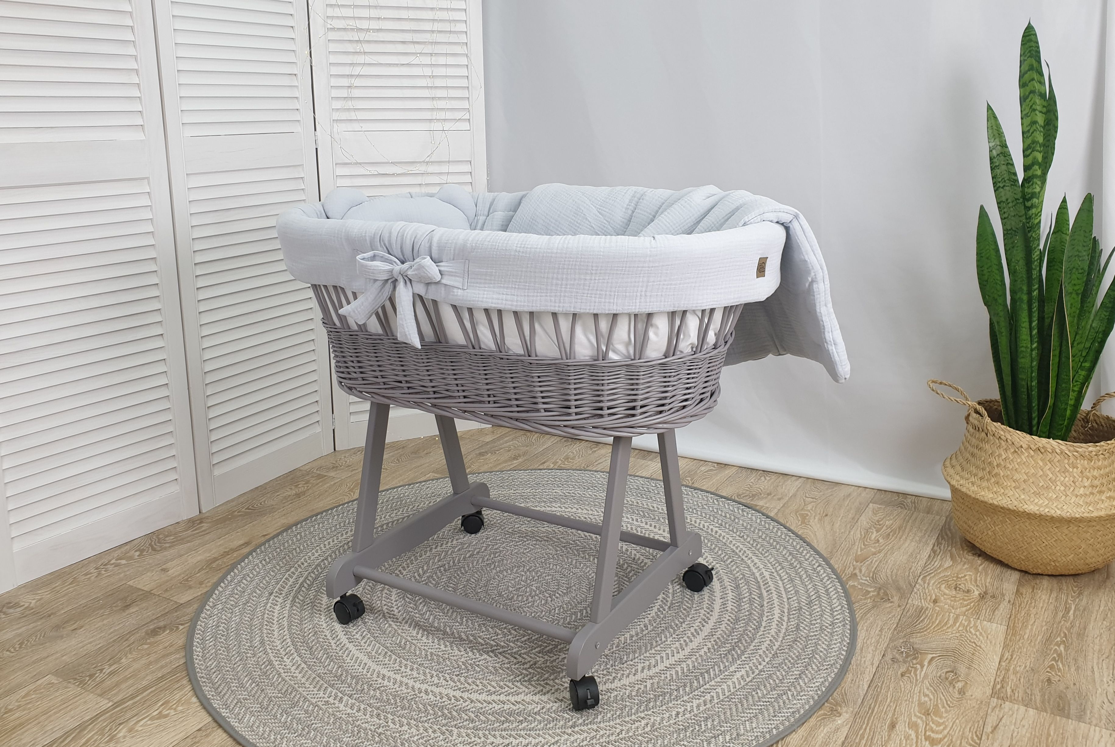 Moisés completo de mimbre sin dosel con ropa de cama gris, natural muselina y algodón serie GRGR-MUS - foto 2