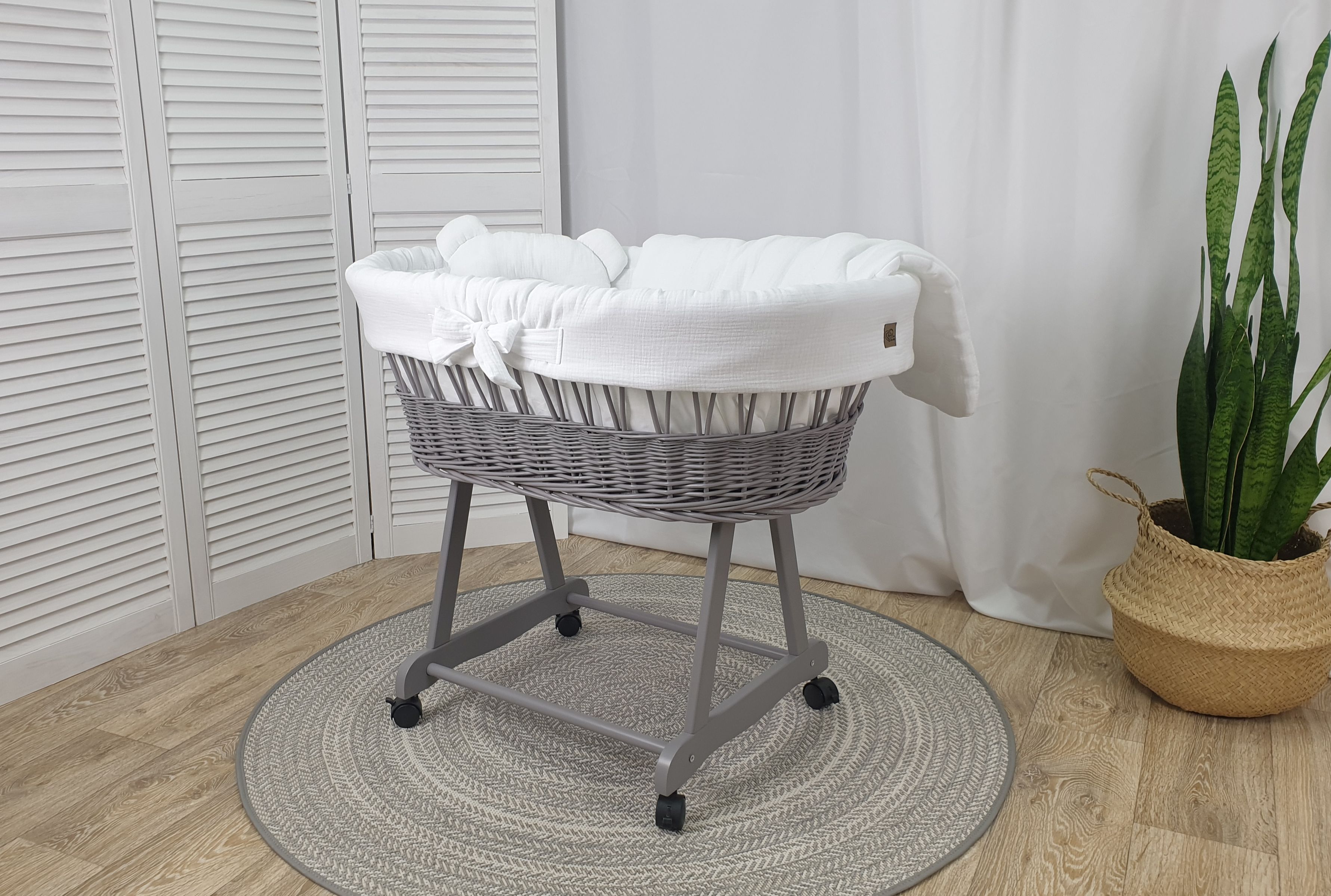 Moisés completo de mimbre sin dosel con ropa de cama blanco, gris, natural muselina y algodón serie GRBI-MUS - foto 2